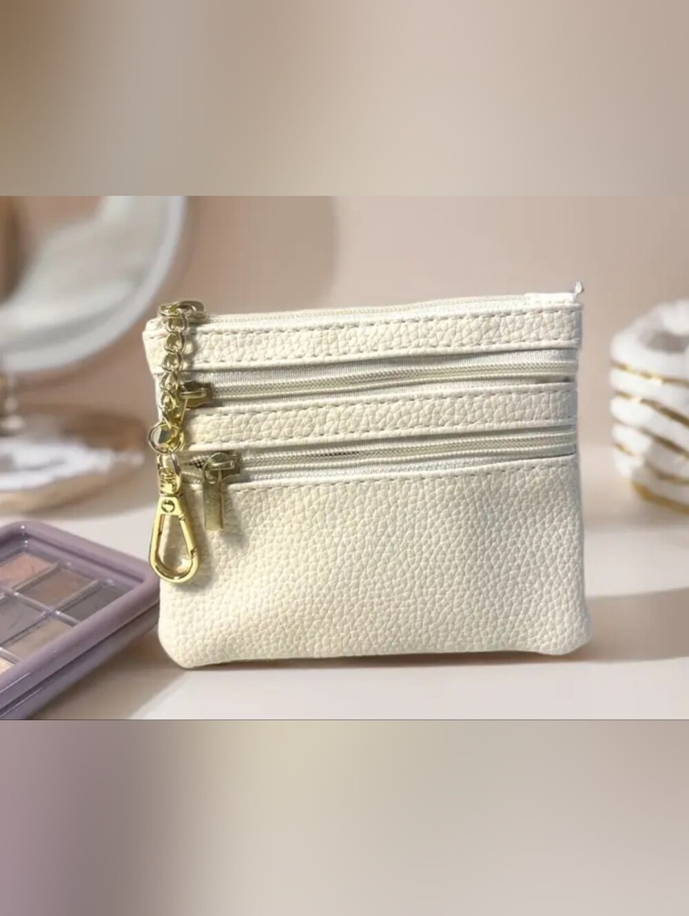 🚨New Unisex White Genuine PU Leather Mini Triple Zip Coin Pouch🚨